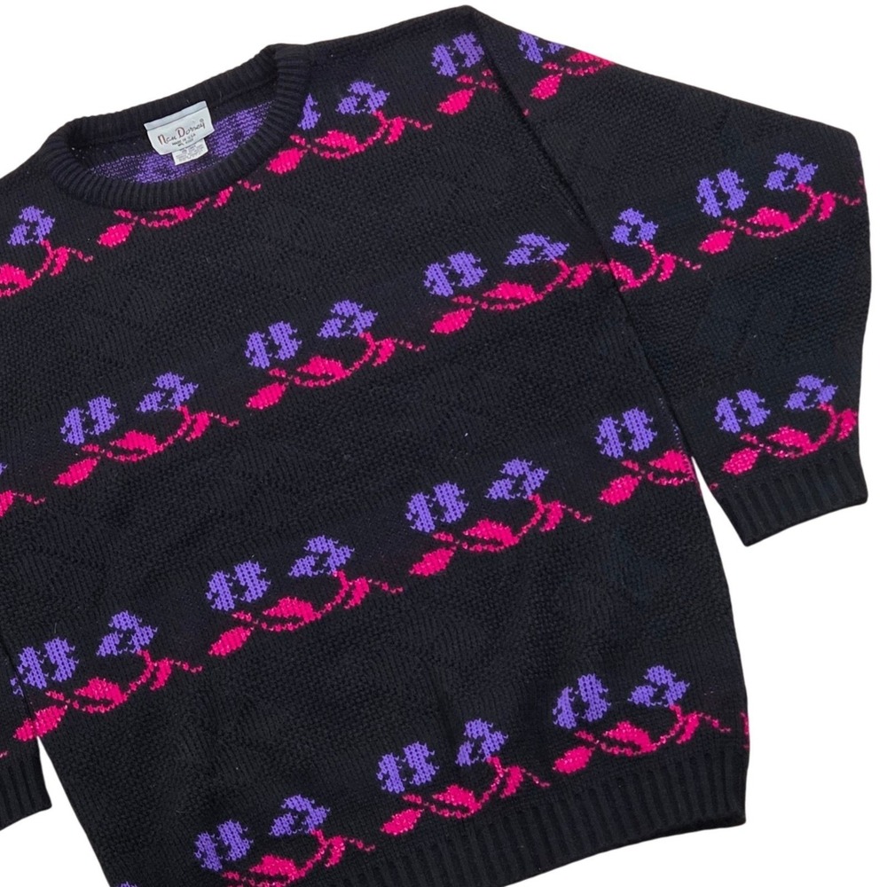 VTG‎ Nan Dorsey USA Made Sweater Floral Knit Acrylic Lurex Black Purple Medium